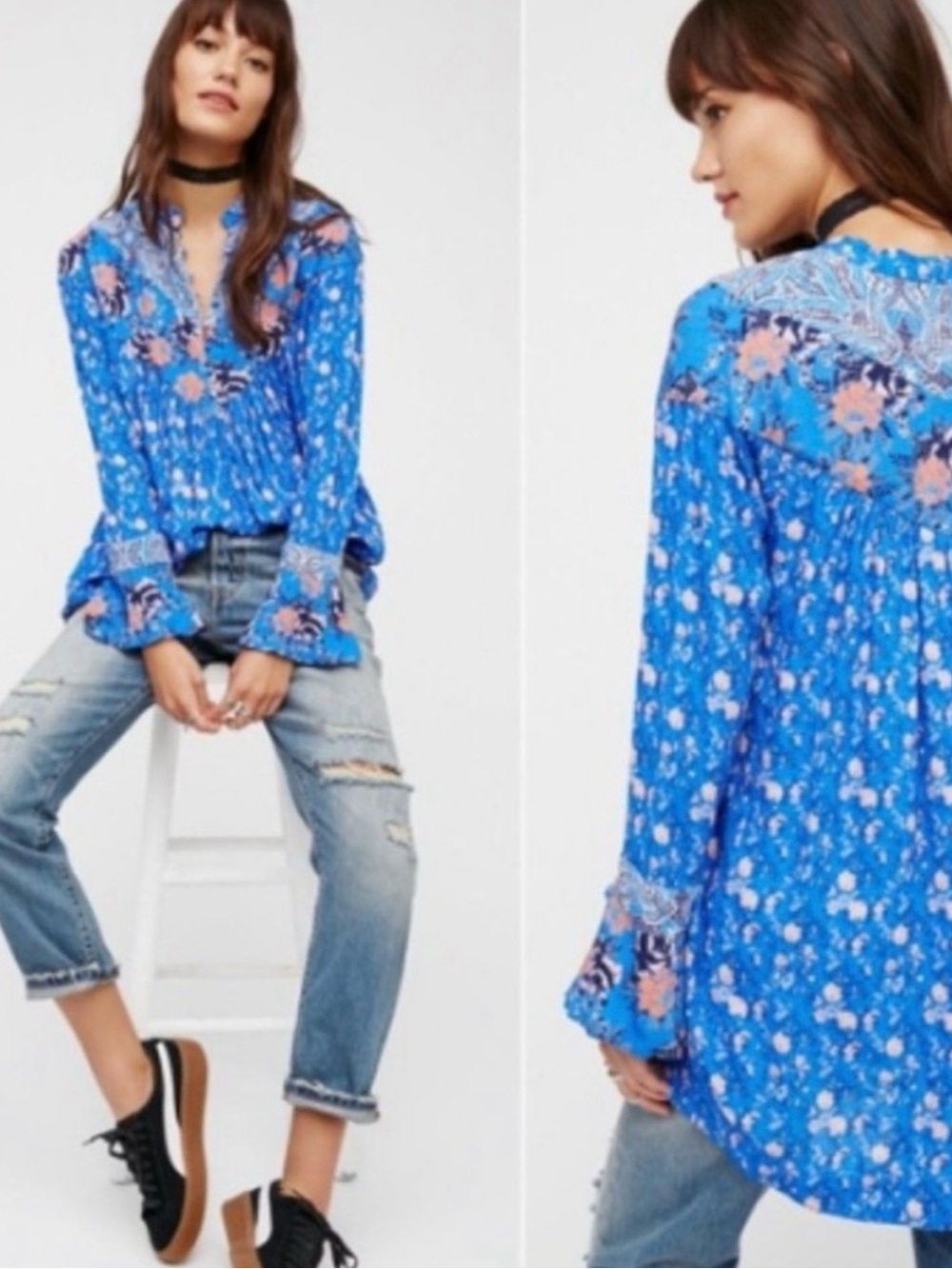 Free People Wildflower Fields Tunic Top Blue Floral